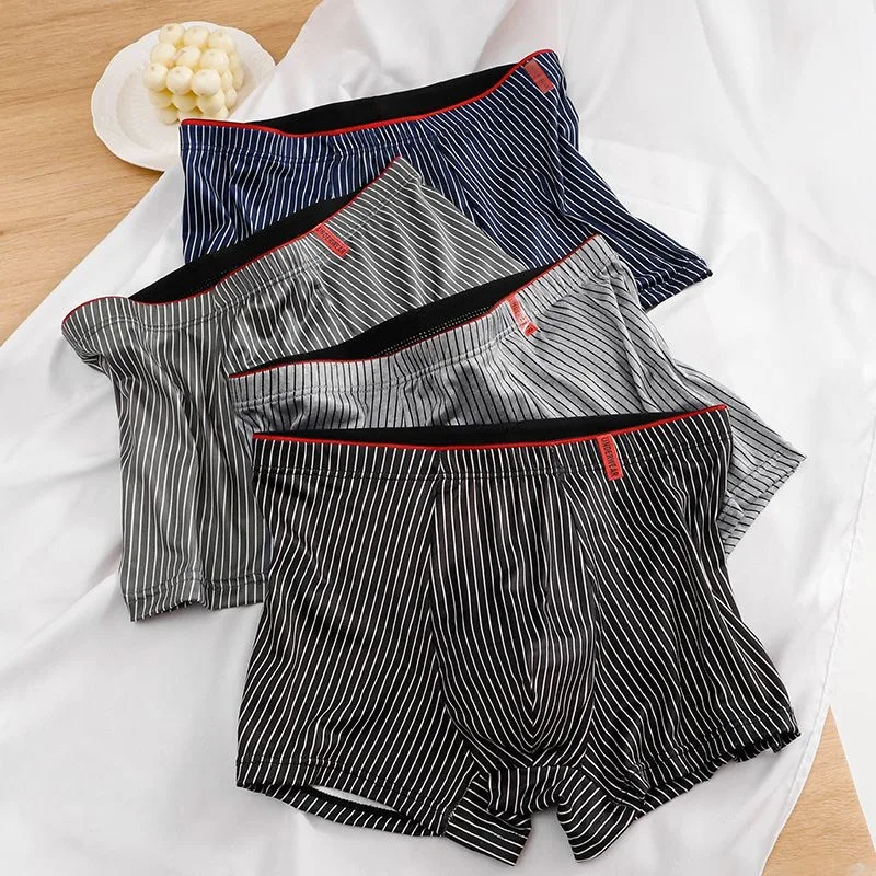 

4Pcs Men's plus Size Boxer Striped Underwear Antibacterial Loose Fitting Four Cornered Shorts Flat Cornered Teenage