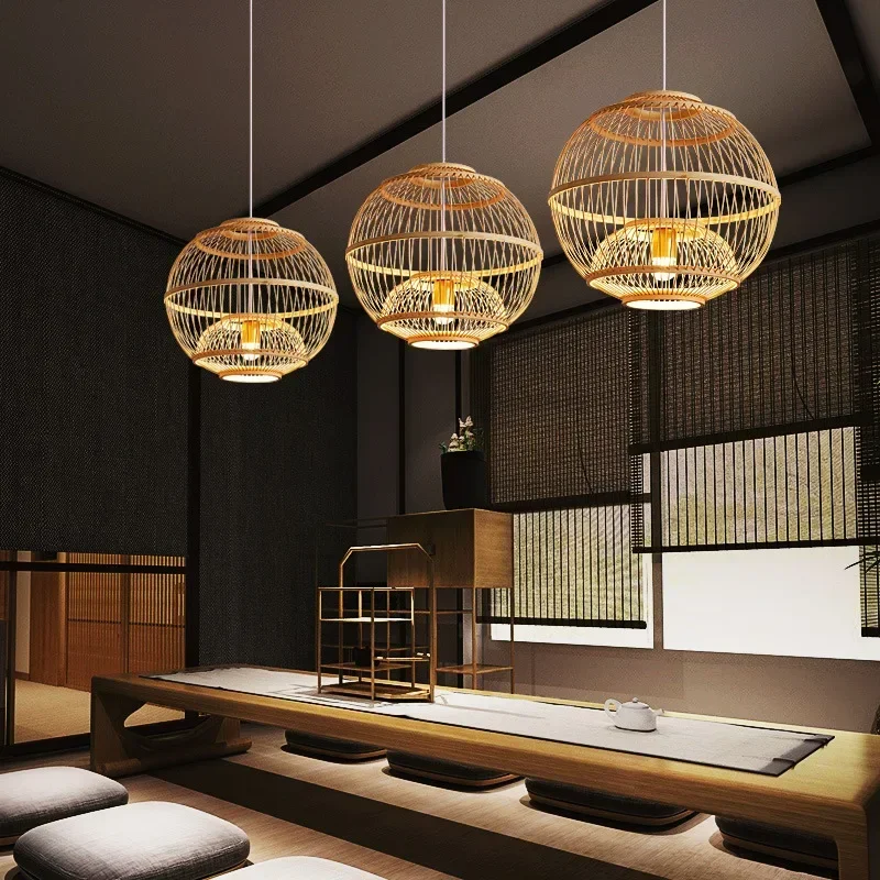 

New Chinese Chandelier Bamboo Woven Modern Garden Japanese Teahouse Restaurant Private Room Zen Tatami Wood Bamboo Chandelier