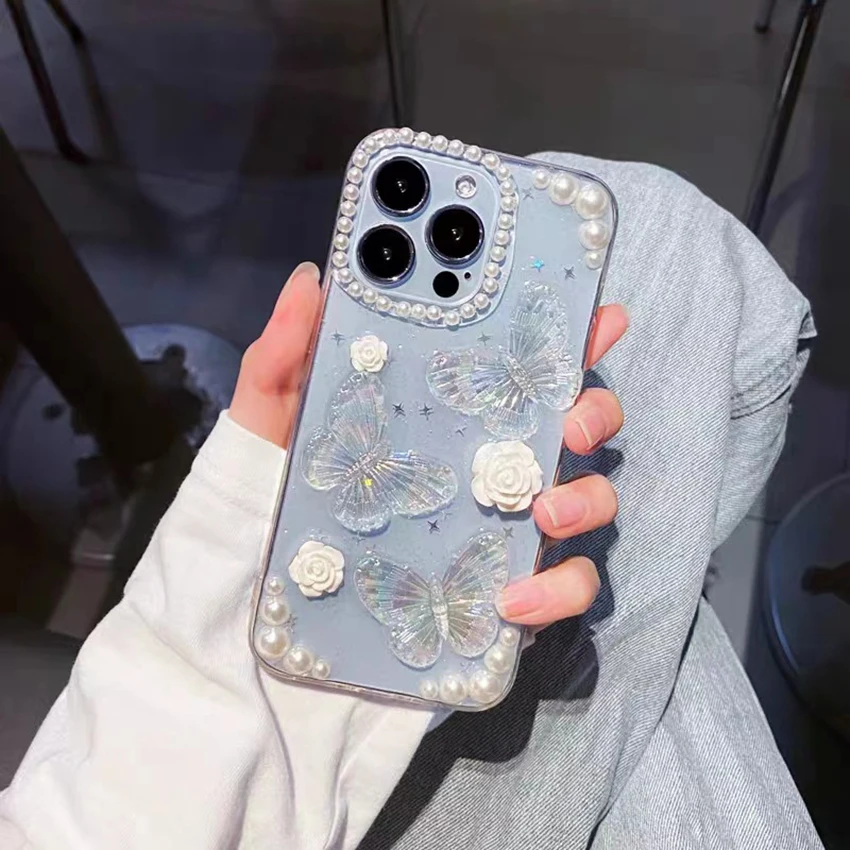 

Stereo Butterfly Phone Case For Iphone 17 16 15 14 13 Pro 12 11 Max Plus 16Promax Pearl Decoration Phone Case Luxury 15Pro Cover