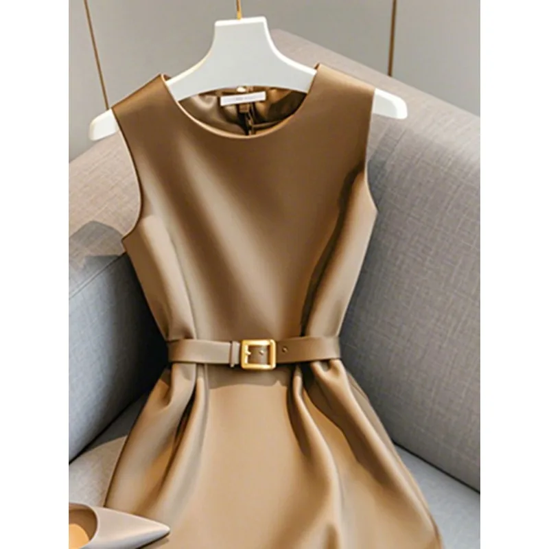 French Royal Sister, Light and Mature Style, High-end Sense, Beautiful Temperament, Thin Khaki Sleeveless Dress, Female Summer