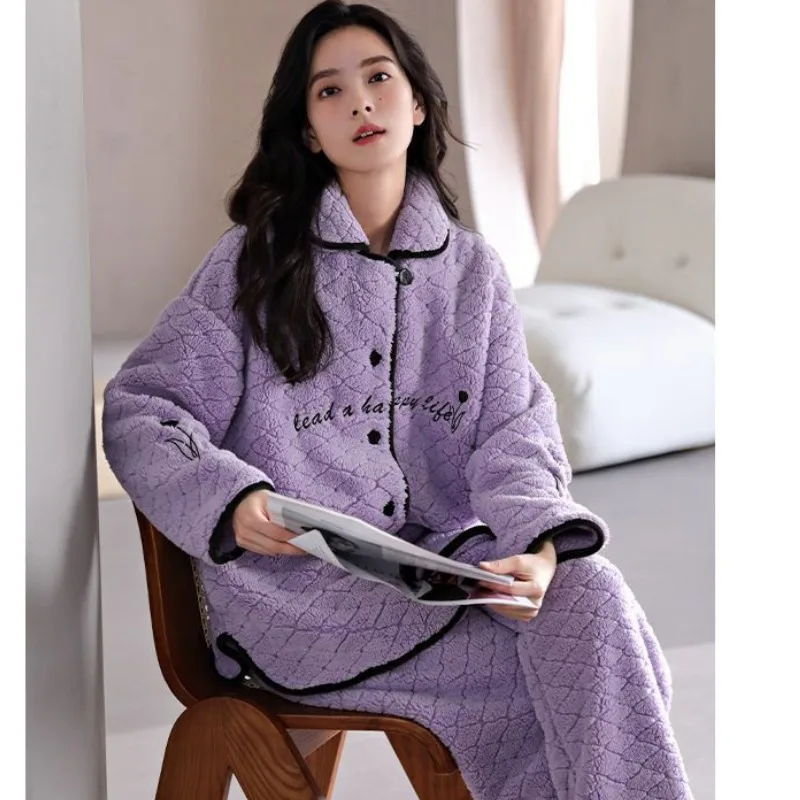 Women's Plush Thick Cardigan, Autumn and Winter Purple  Loose and Warm Pajamas, Comfortable Coral Fleece Home Two-piece Set