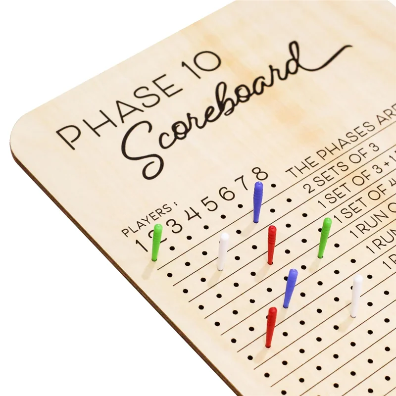 Tabellone segnapunti CYGJ-Phase 10 in legno, per giochi da tavolo per adulti per feste per giochi di carte con 8 picchetti colorati, tabellone segnapunti fase 10