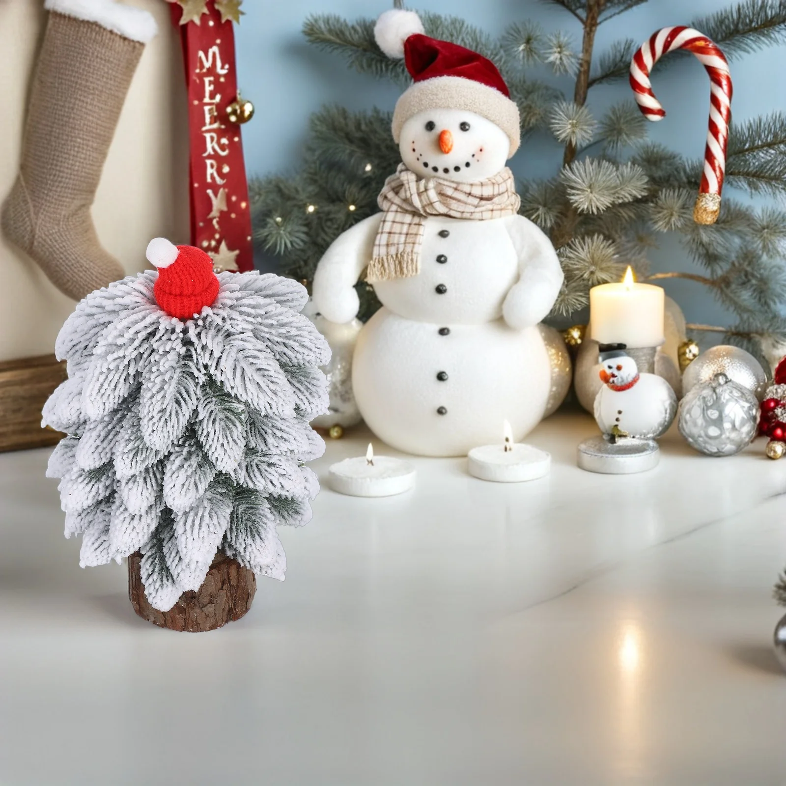 

Mini Christmas Tree 9 Inch Artificial Tabletop Pine Tree Xmas Desktop Ornament Wooden Base Holiday Home Party Decor