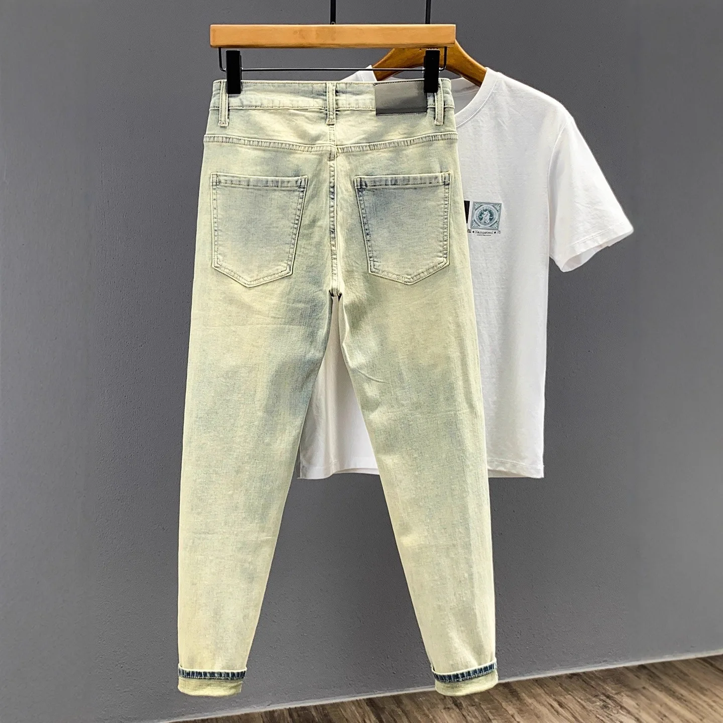 Korean Popular Clothes Pants Washed Hot Diamond Jeans Men's Elastic Slim Pants Men's Trendy Brand Long Pants Menswear Clothing