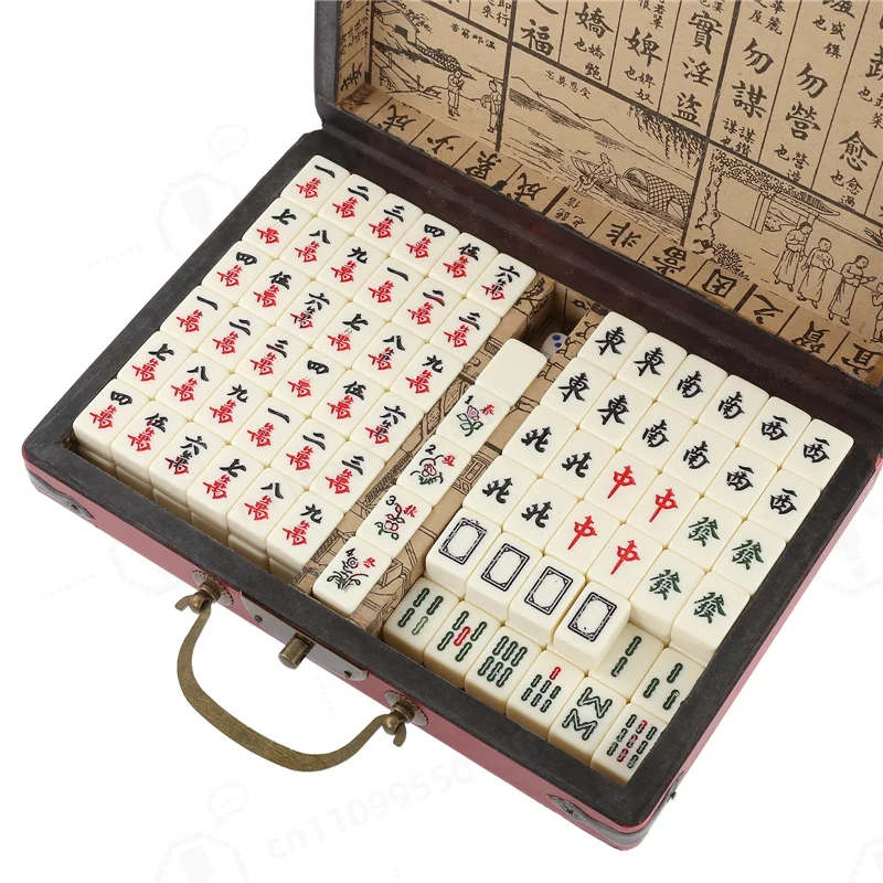 144 Tiles Mah-Jong Chinese Numbered Mahjong Set with Vintage Storage Box Portable Chinese Mahjong Toy for Family Party Games