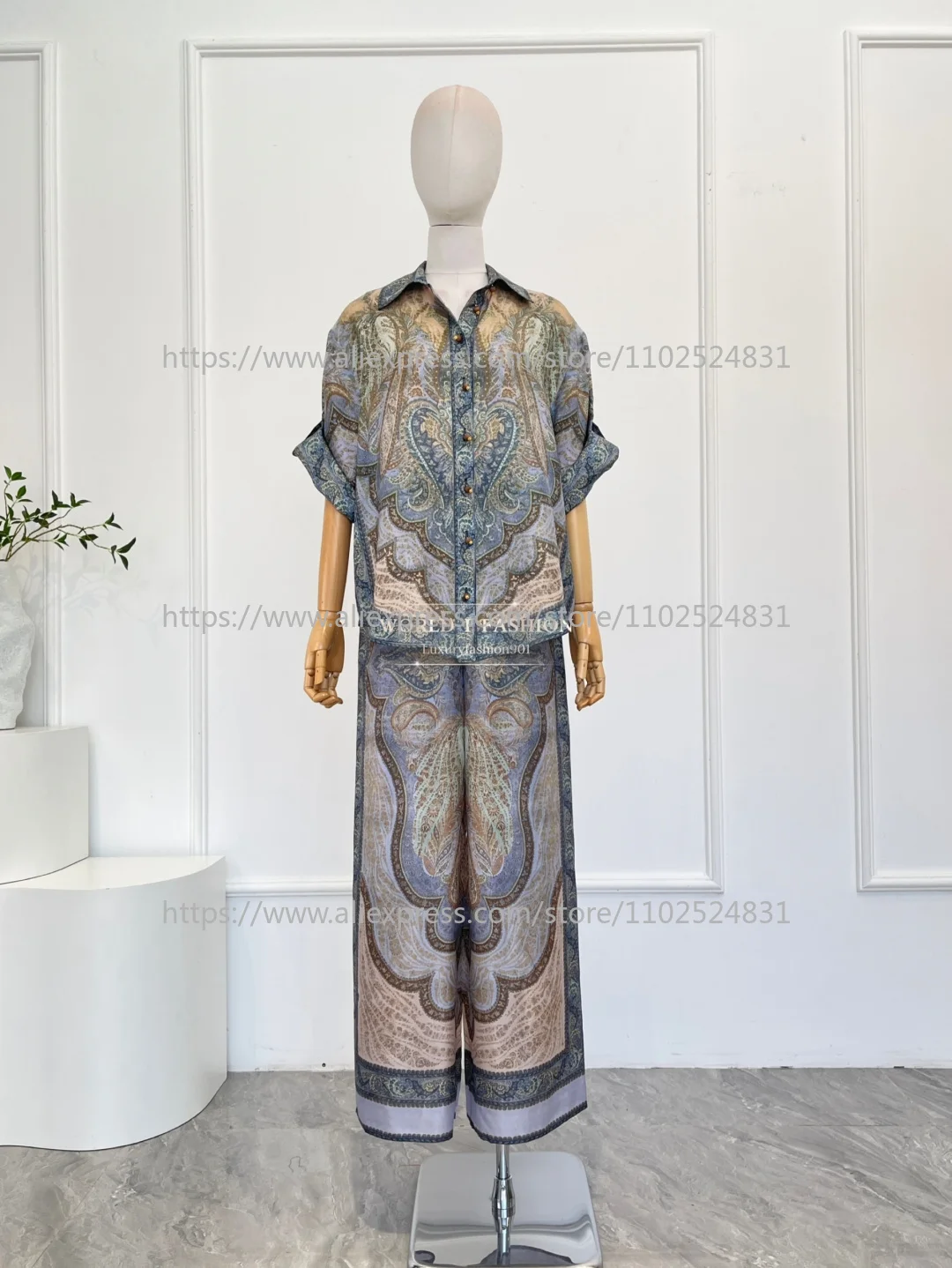 

Комплект из блузки с коротким рукавом и брюк с принтом пейсли, темно-синий, новый дизайн 2025 года