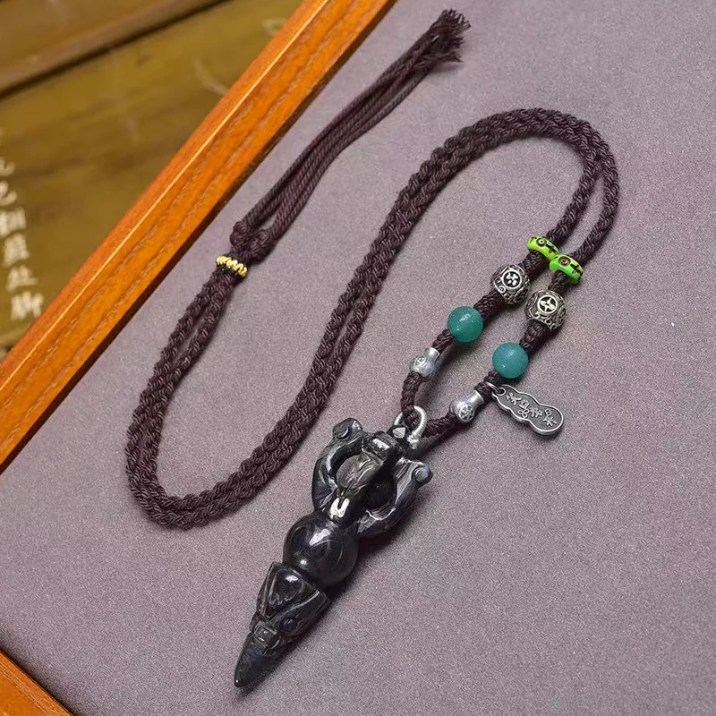 

Natural Agate Carved Vajra Pendant Sweater Chain Antique Agate Silver-Inlaid Handcrafted Braided Cord Necklace