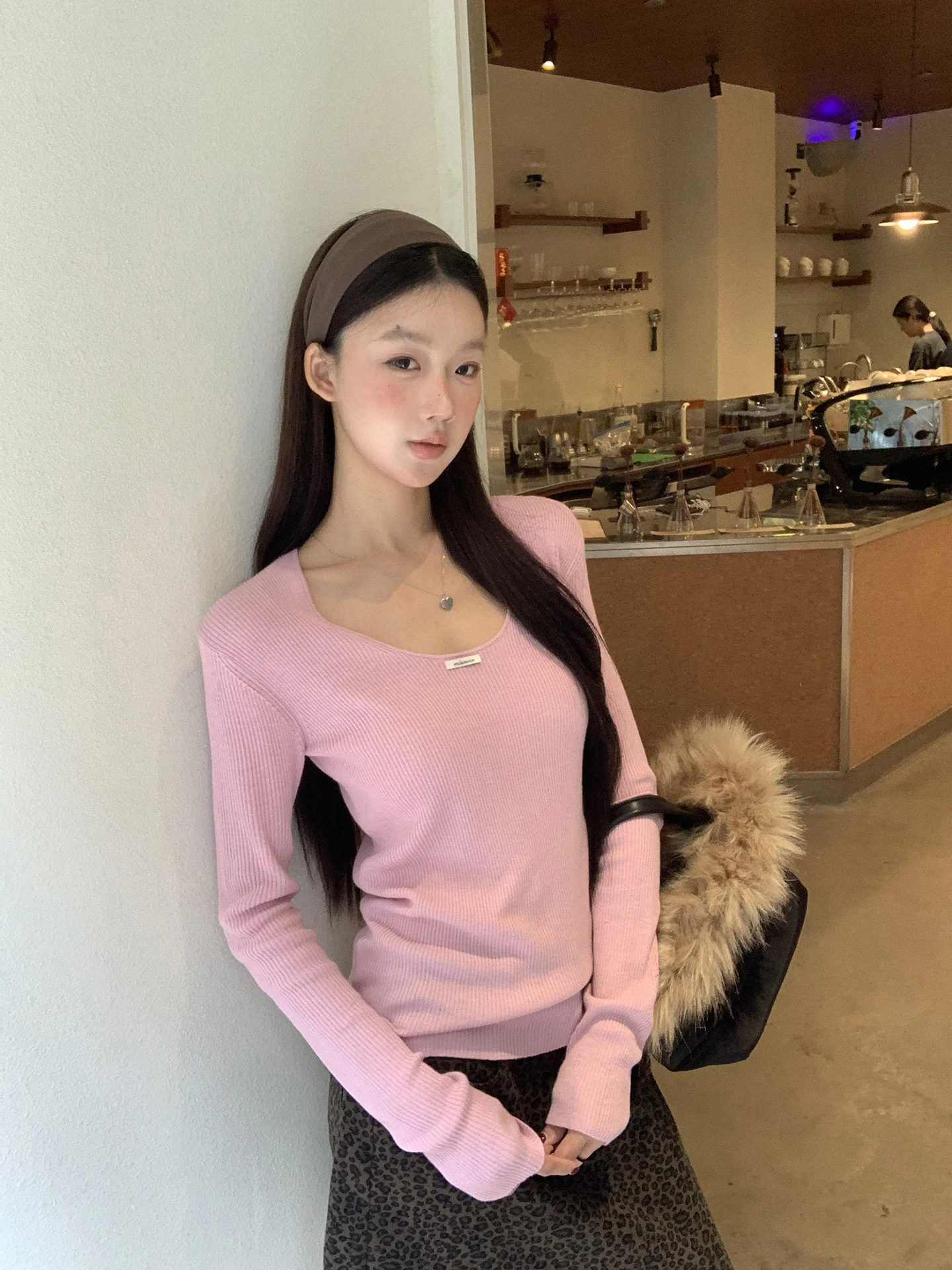 

Slim Fit Long Sve Knitted Sweater for Women Pink Korean Sle Comfortable Soft Wool Blend Commute Sle Regular Length