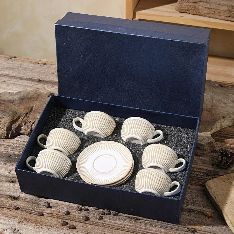 

90CC Retro Espresso Cup 6 Cup 6 Plate Set Ceramic Plate Coffee Shop Afternoon Tea Cup Gift Box Wholesale