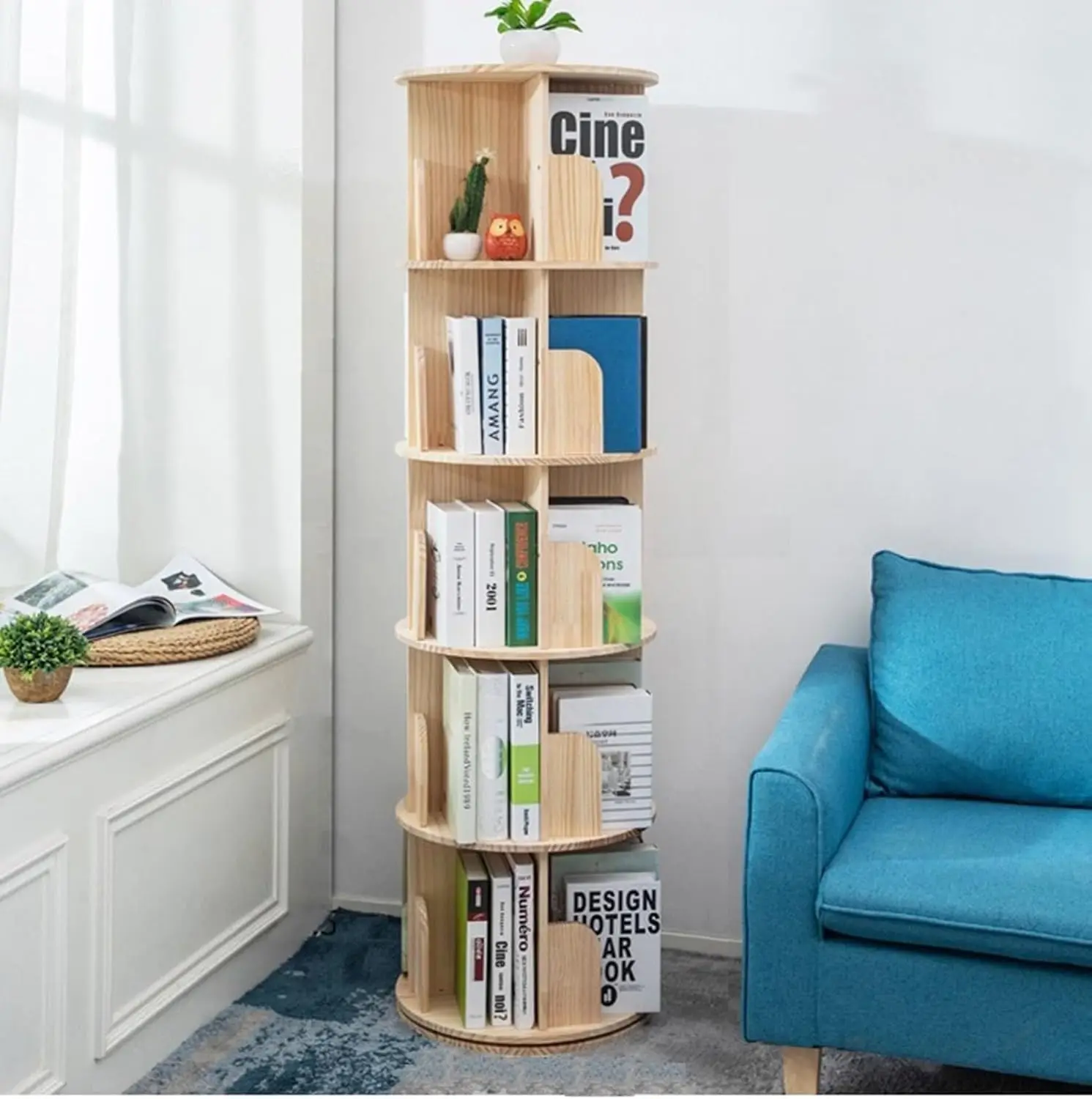Wooden Rotating Bookshelf 360 Display Floor Standing Bookcase Storage Ra For Kids&Adults Multi-Functional Bookshelf Organizer