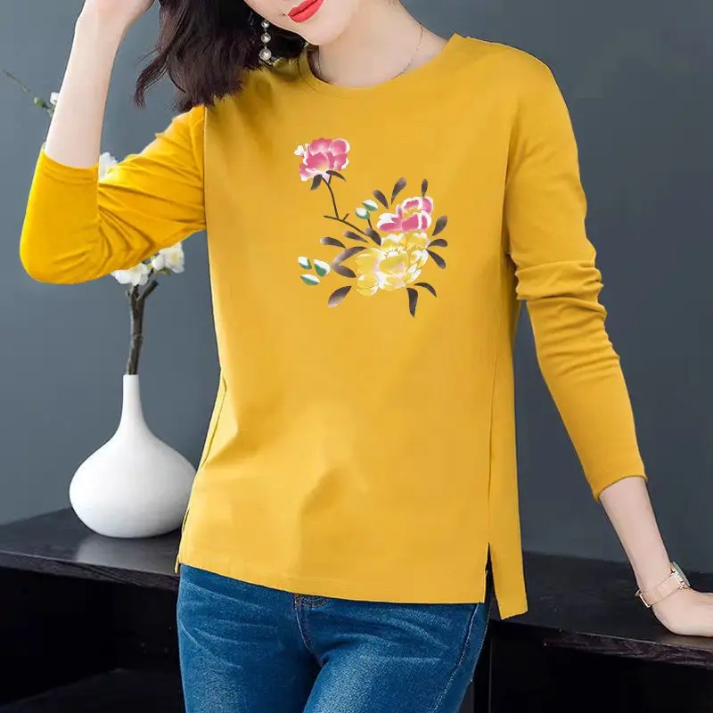 Long Sleeve Tees Shirt Women Tunic Tops Loose Casual Female T Shirt Clothes Split Plus Size Ladies Round collar Graphic Pullover