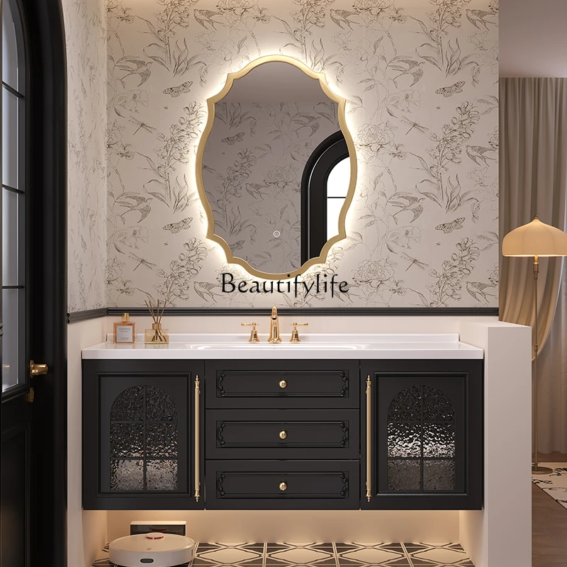 

French cream style bathroom cabinet combination ceramic integrated basin retro rock slab sink
