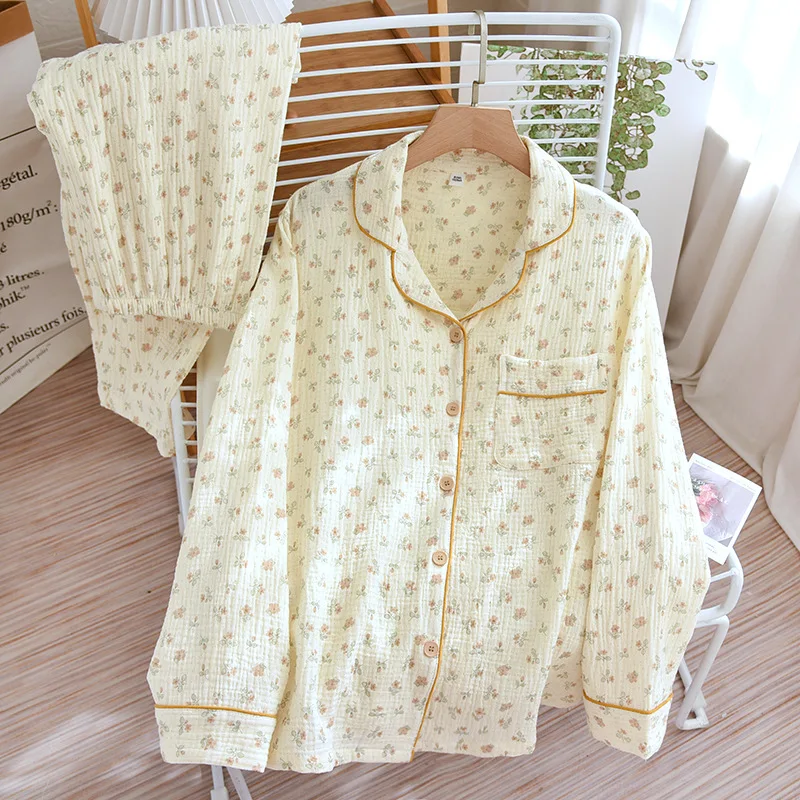 Printed Home Wear Casual Fashion Pajamas Long-Sleeved Trousers Two-Piece Suit Gauze Cotton Sleepwear Set Soft Pijama Mujer