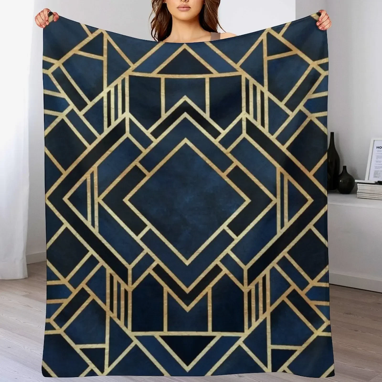 

Geometric Blue and Gold Throw Blanket For Sofa Thin bed plaid Cute Blankets Sofas Of Decoration Blankets
