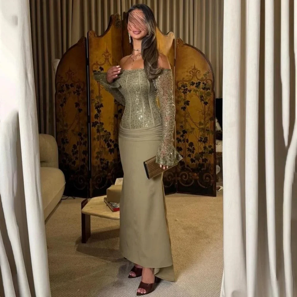 

Customized Exquisite Half Sleeve Evening Dress Charming Boat Neck Sequins Prom Dress Elegant Ruffles Zipper Party Gown فساتي