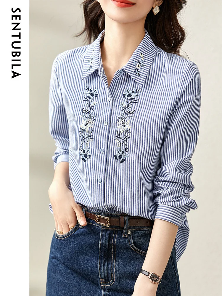 SENTUBILA Vertical Strip Embroidery Casual Shirts for Women 2024 Autumn Long Sleeve Top Lapel Button Down Shirt Blouse 123C42971