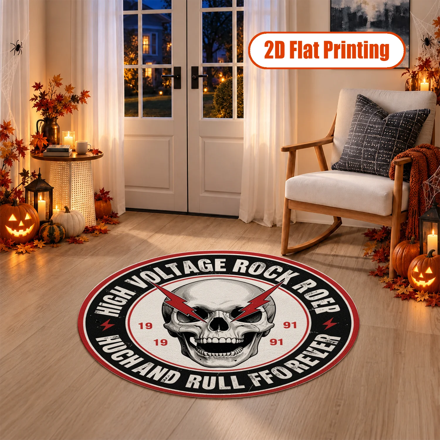 Skull Lightning Rock Roll Pattern Velvet Rug, Machine Washable Soft Plush Floor Mat, Ideal for Living Room, Bedroom, Game Room, Great for Halloween, Thanksgiving, Black Friday, Christmas, New Year Home Decor, Durable Comfort Floor Accent