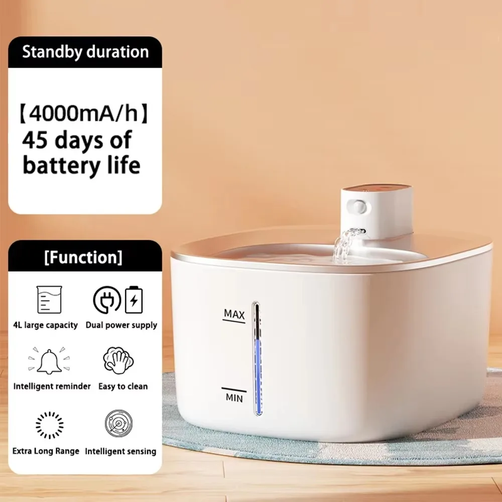 FurStar4L Wireless Cat Water Fountain 4000mAh Battery Operated,Ultra Quiet Pet Water Fountain With Motion Sensor For Cats Dogs D
