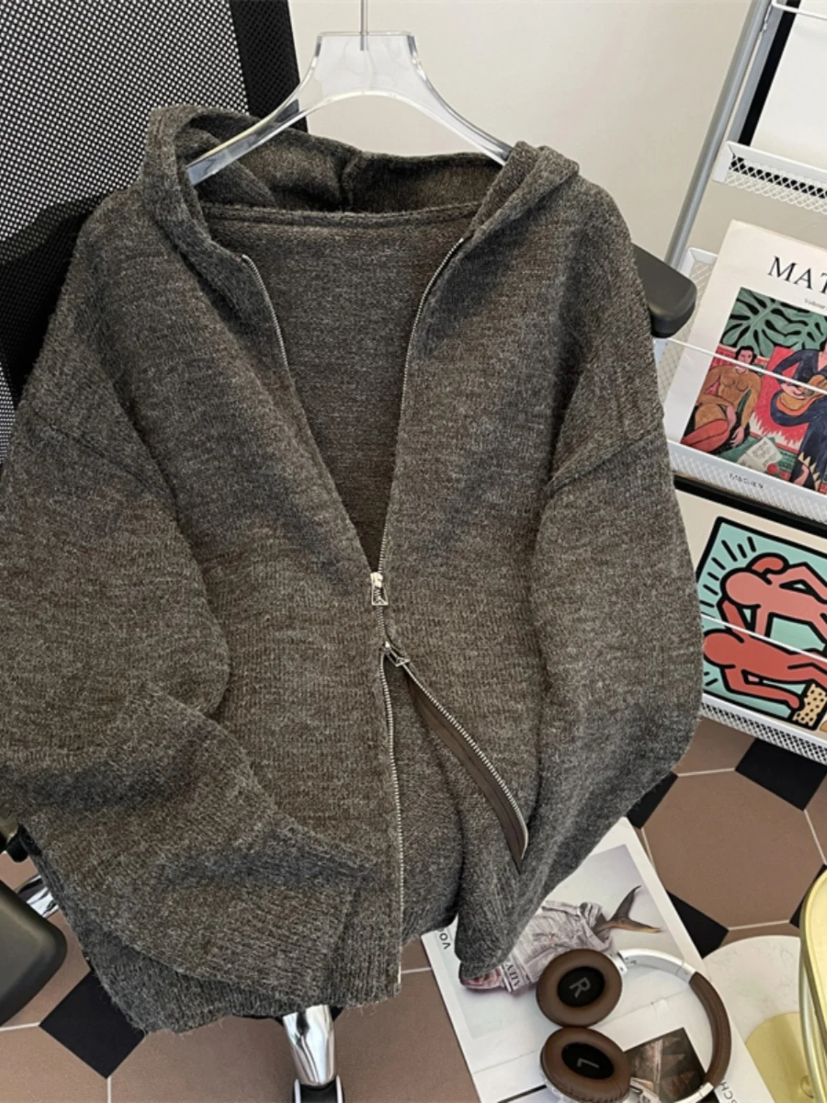 

Худи на двойной молнии унисекс, вязаная, в американском стиле, свободного кроя, модная, для осени и зимы, повседневная