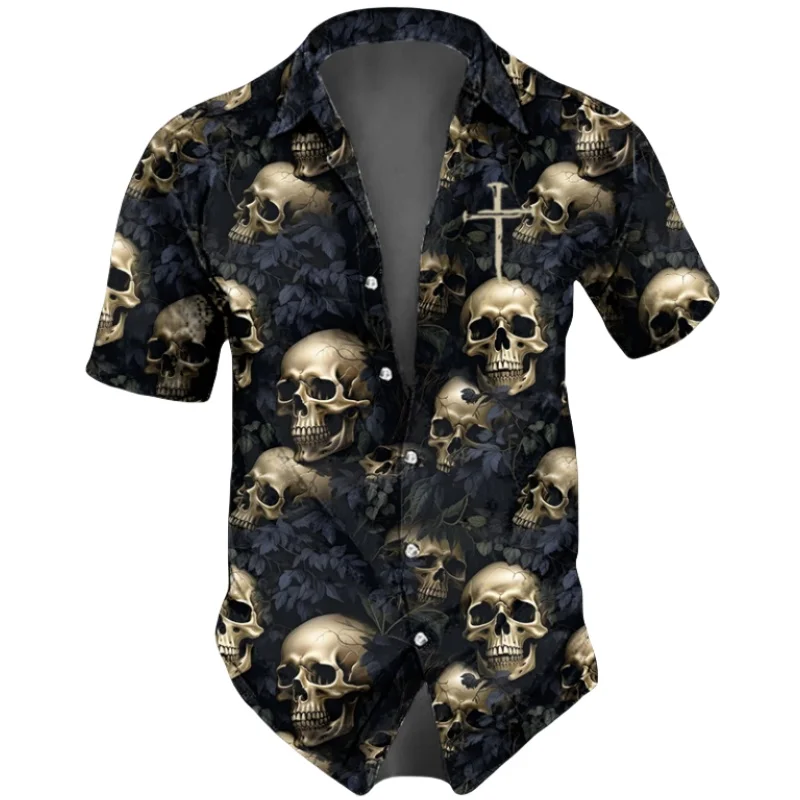 Skull Shirt Fashion Men's Shirt 3D Printing Casual Hawaiian Shirt Retro Button Short Sleeve Streetwear Men's Clothing