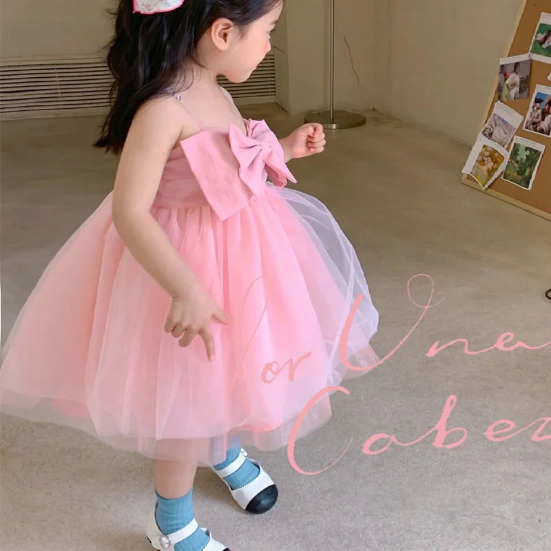 Beach Summer Clothing for Girls Patchwork Big Bow Solid Color Sleeveless Kids Fashion Lace Mesh Slip Midi Princess Dresses