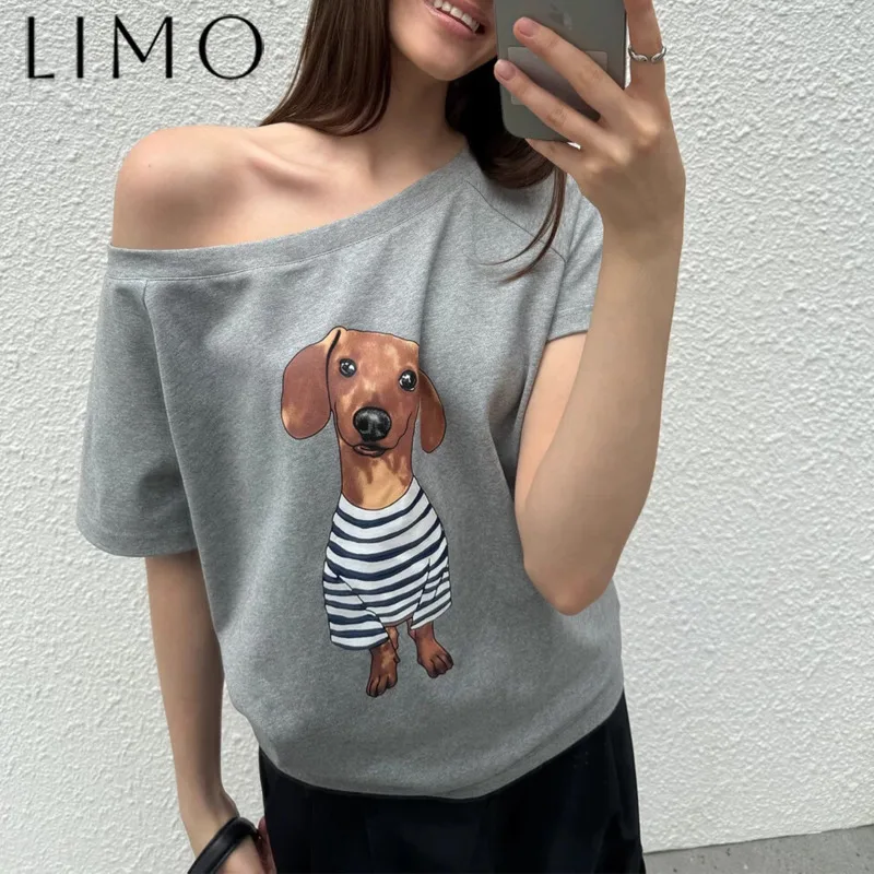 

LIMO Women’s Off Shoulder Knit T-shirt Short Sleeve Casual Top New Arrival Spring Summer Fashion Trendy Print High Quality 2025