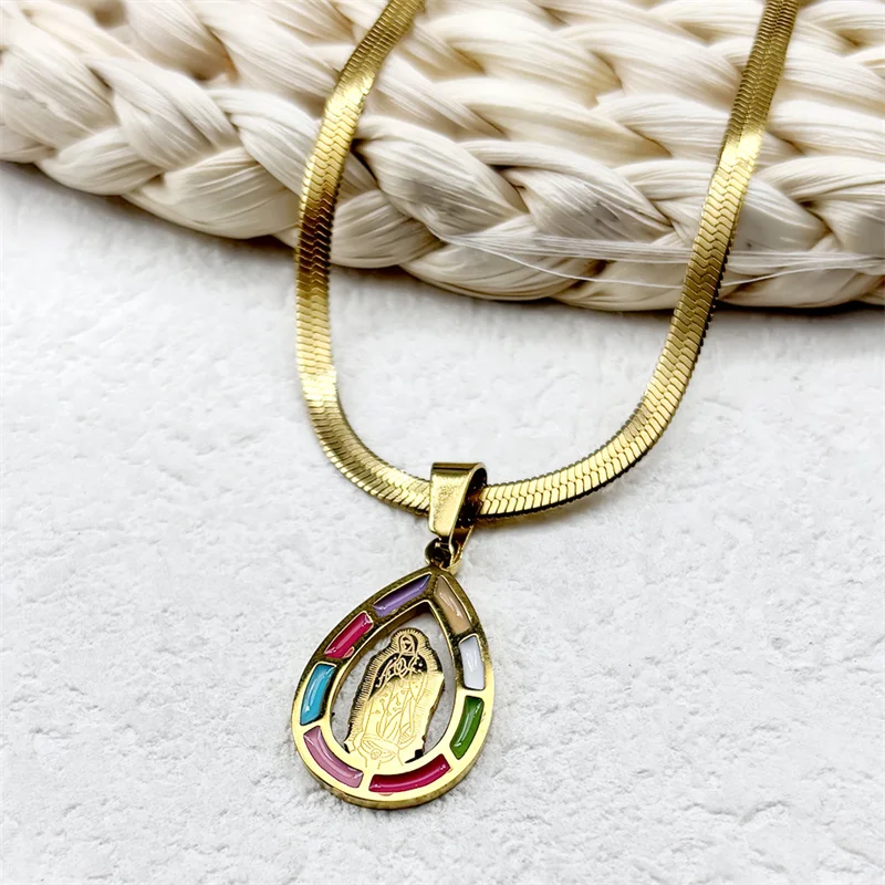 Virgin Mary Pray Necklace for Women Men Stainless Steel Enamel Gold Color Water Droplets Shape Guadalupe Chain Jewelry