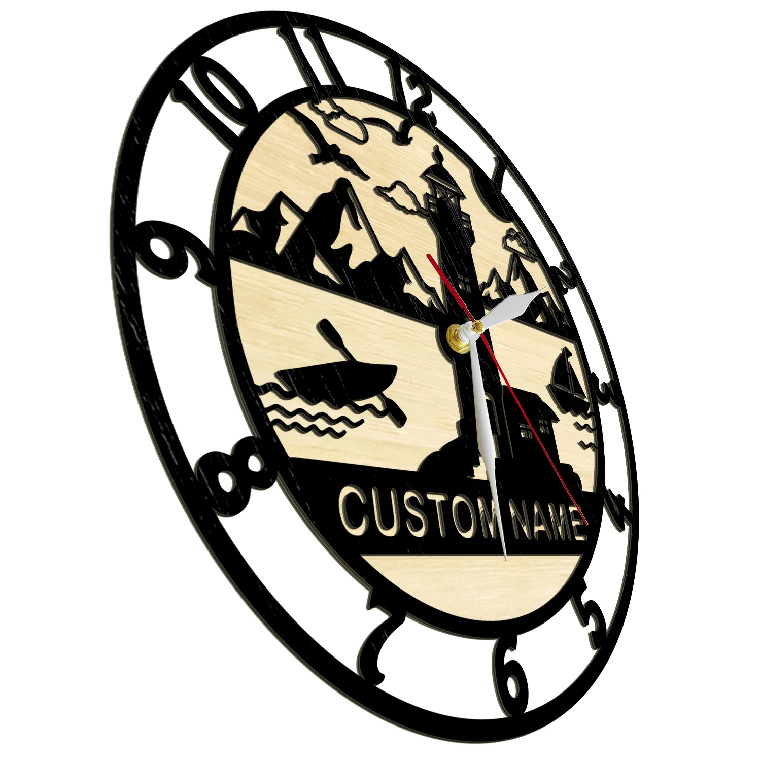 Lighthouse Seaside Scene Laser Engraved Wood Wall Clock with Personalized Name Coastal Home Decor Dual Layers Wooden Wall Clock