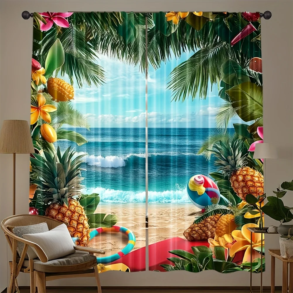 Pineapple coastal pattern printed curtains, with a pole bag design, suitable for use in bedrooms, living rooms and offices