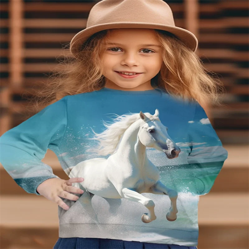 Children's Clothing Girl T-Shirt Long Sleeve 3D Horse Print Kids Spring Fall Clothes Casual Stylish Round Neck Girl Clothes Tops