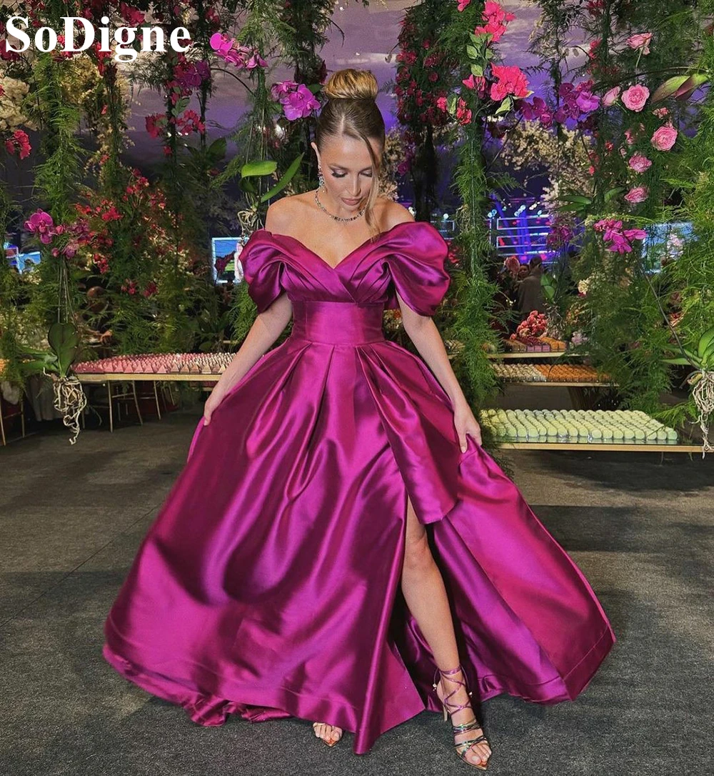 SoDigne Elegant Magenta Satin Evening Dresses A-Line Off Shoulder Draped Side Slit Party Dress Pleated 2024 Gala Prom Gowns