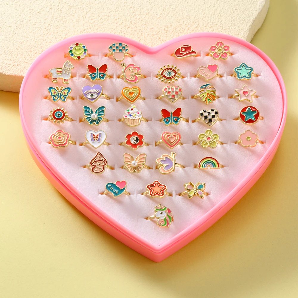 36Pcs Cute Mixed Design Enamel Adjustable Ring Set Alpaca Butterfly Floral Star Heart Rainbow Open Rings with Pink Heart Gift Box Girls' Daily Wear Decorative Jewelry Holiday Gift Set