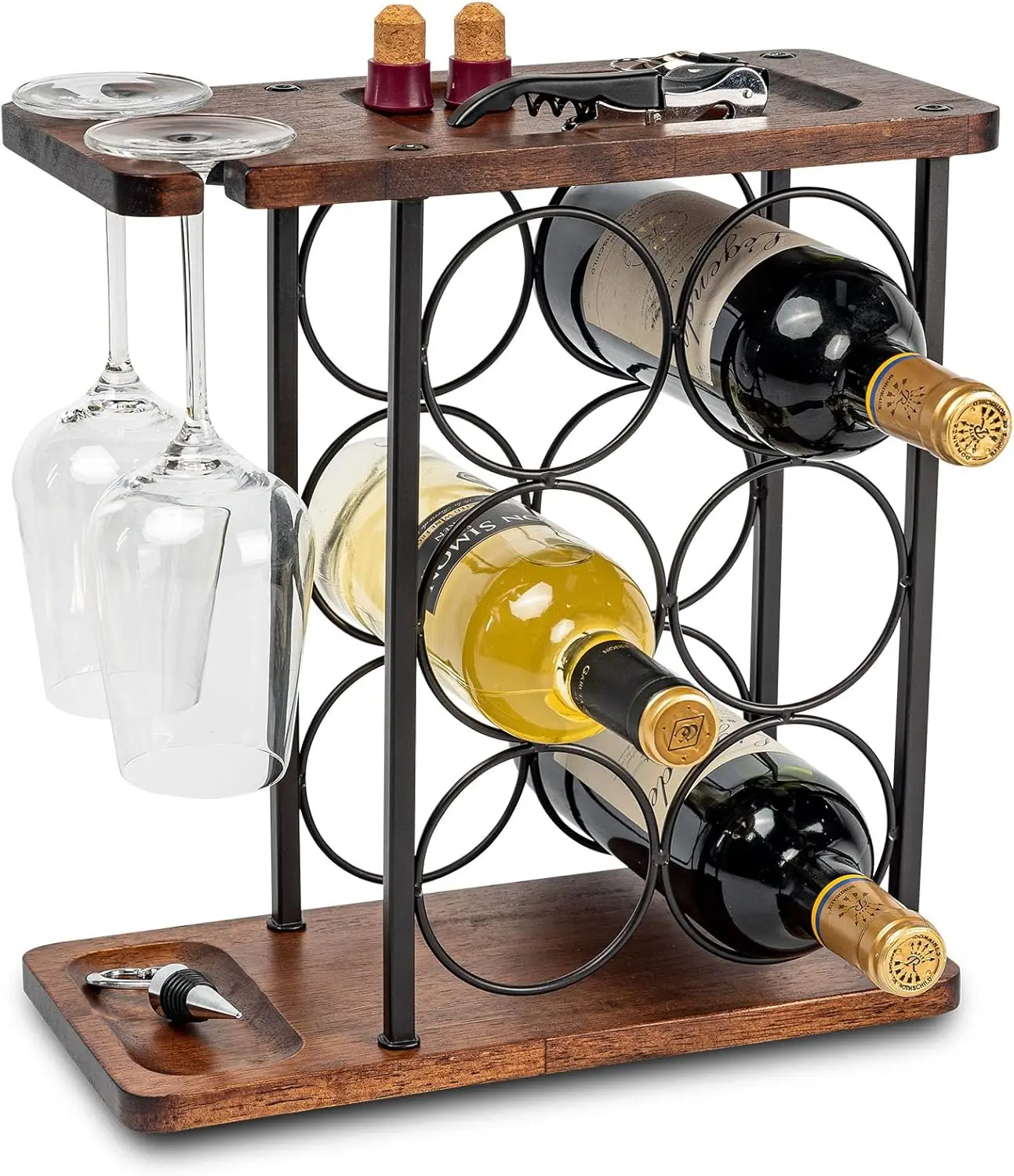 

Wooden Wine Rack with Tray, Holds 6 Bottles and 2 Glasses for Kitchen Storage and Home Decor