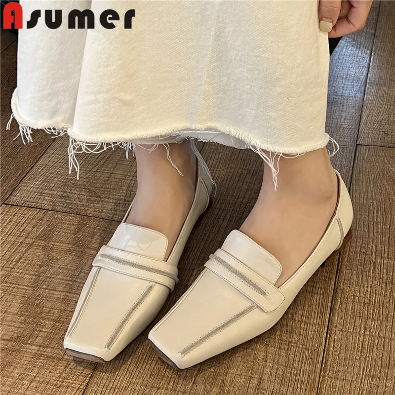 

ASUMER 2024 New Size 34-40 Genuine Leather Shoes Woman Ladies Loafers Dress Flats Square Toe Slip On Spring Flats Shoes