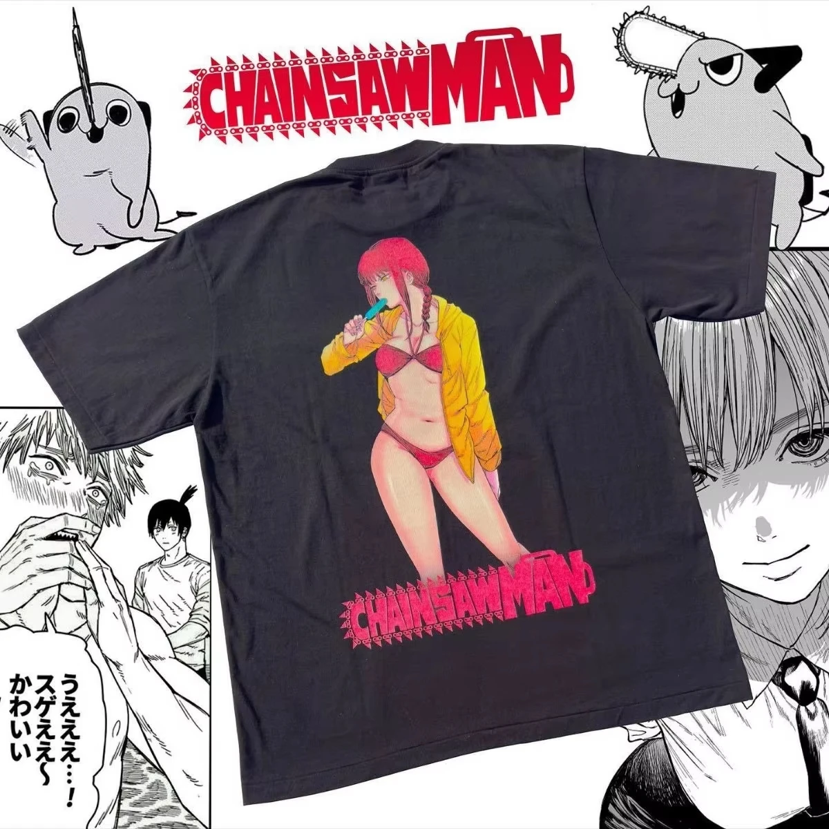 2025 كامل الوقت النسيج الثقيل اليابانية بالمنشار رجل ماكيما المتخصصة ثنائي الأبعاد الرسوم المتحركة عادية Ins قصيرة الأكمام قمم تي شيرت