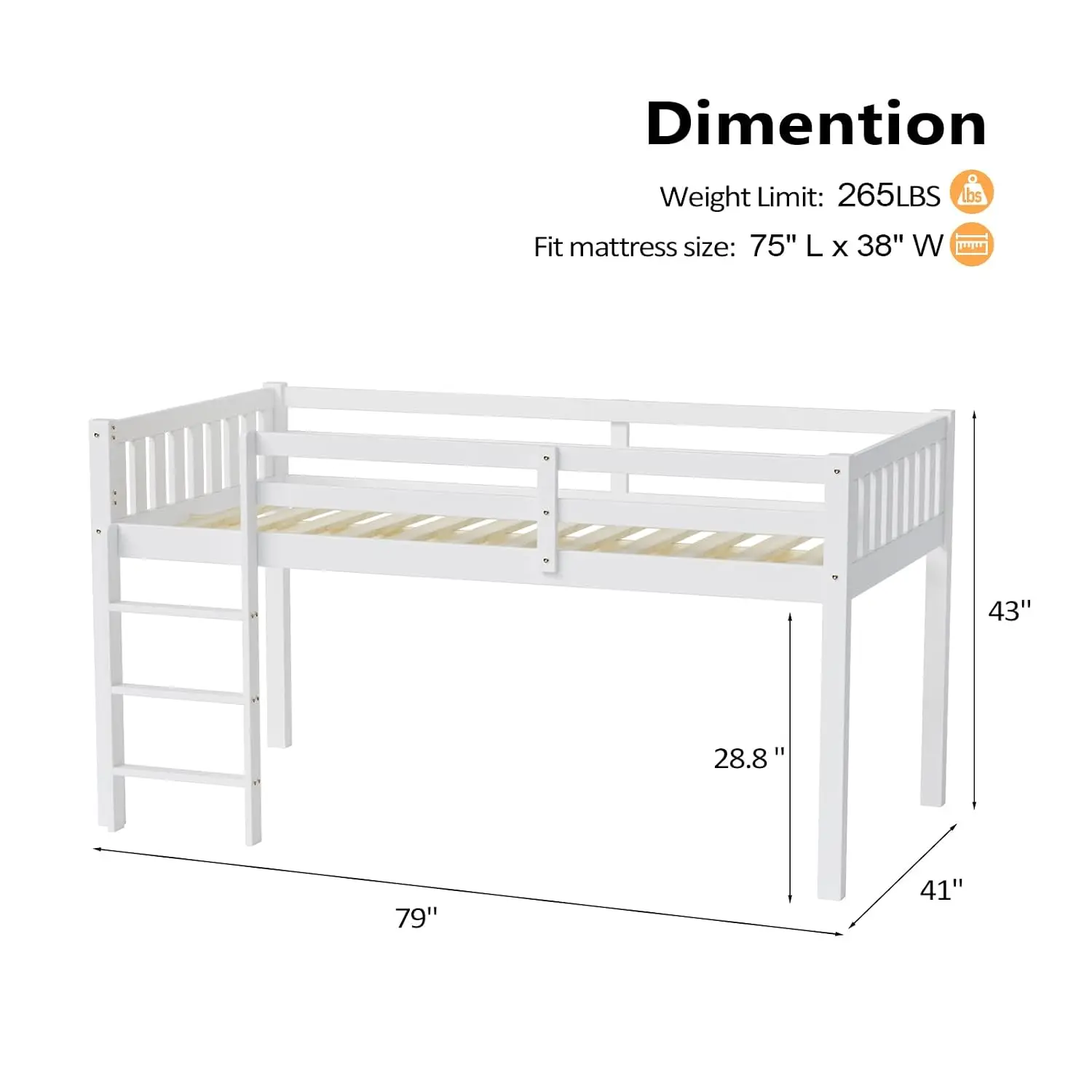 Twin Loft Bed Low Loft Bed Frame for Little Kids Small Room/Low Ceiling Bedrrom with Guardrail and Ladder, White, Customized