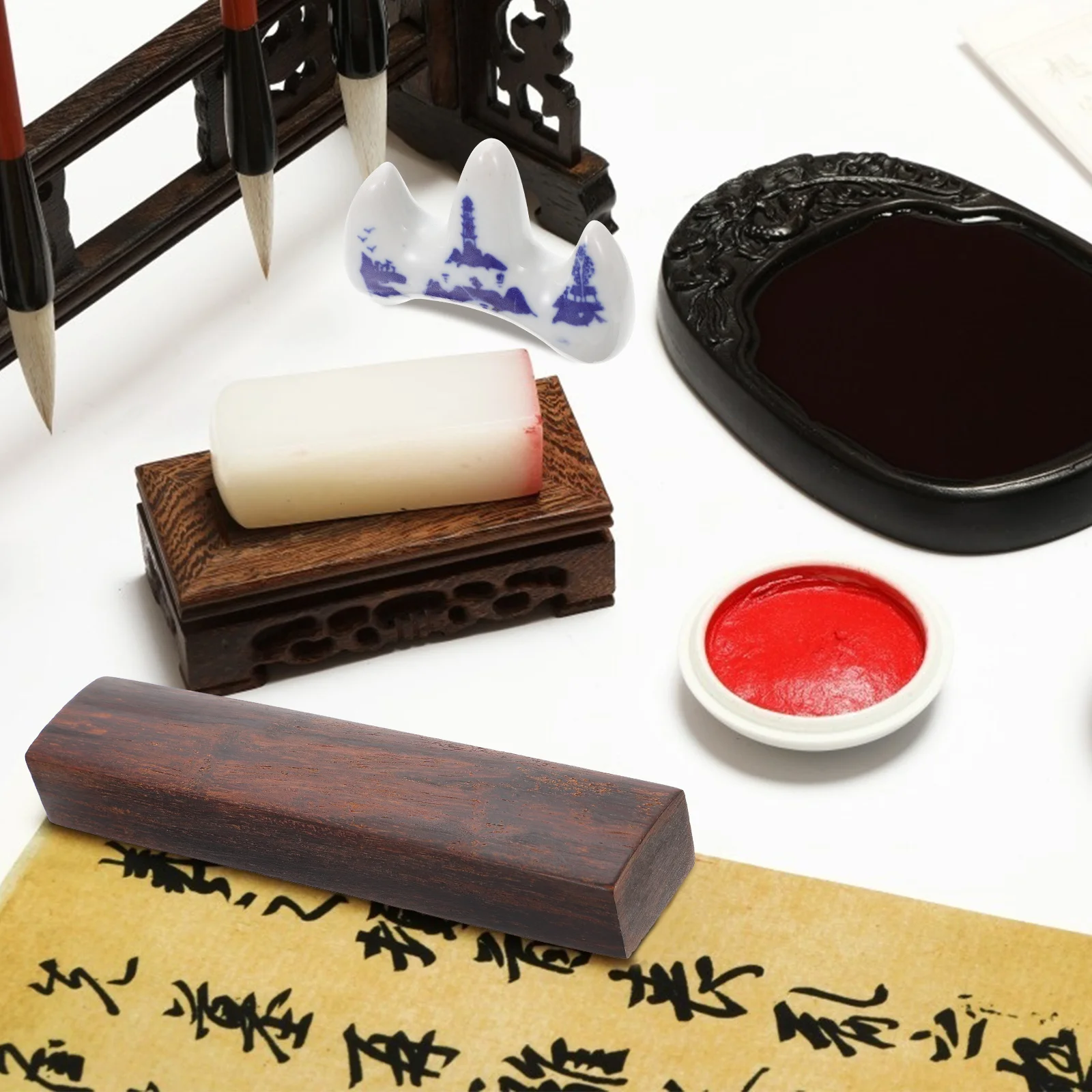 Chinese Four Treasures of The Study Set Traditional Writing Brush Ink Stick Paper Inkstone Calligraphy Brush Set for Beginners