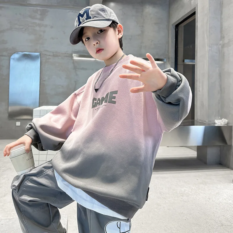 Spring Autumn Boys Cotton Loose Tie-Dye Contrast Sweatshirt School Kids Track Pullover Coat Tops Child Work Jumper Outfit 5-16Yr