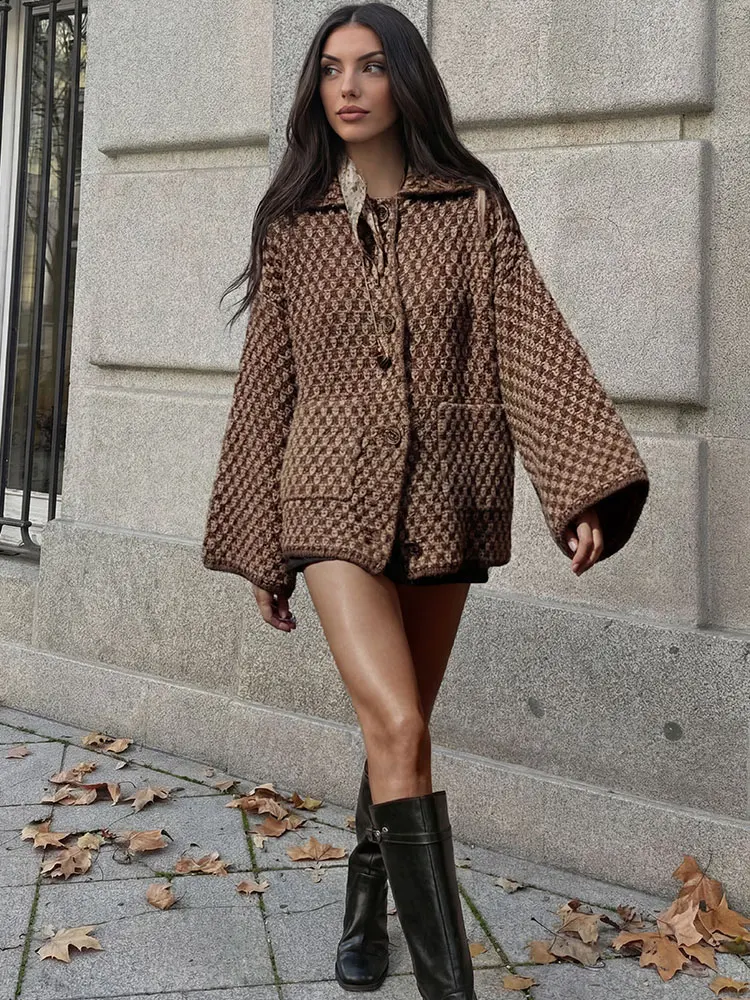 HH Women Vintage Plaid Knitted Cardigans Coats Long Sleeve Lapel Buttons Sweater Jackets Spring Casual Office Lady Trend Outwear