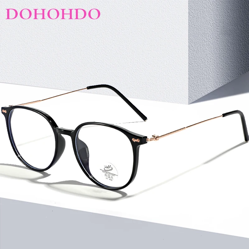 DOHOHDO New Women Anti Blue Light Glasses TR90 Semi Metal Ultra Light Frame Eyewear Round Retro Flat Mirror Men Eyeglasses UV400