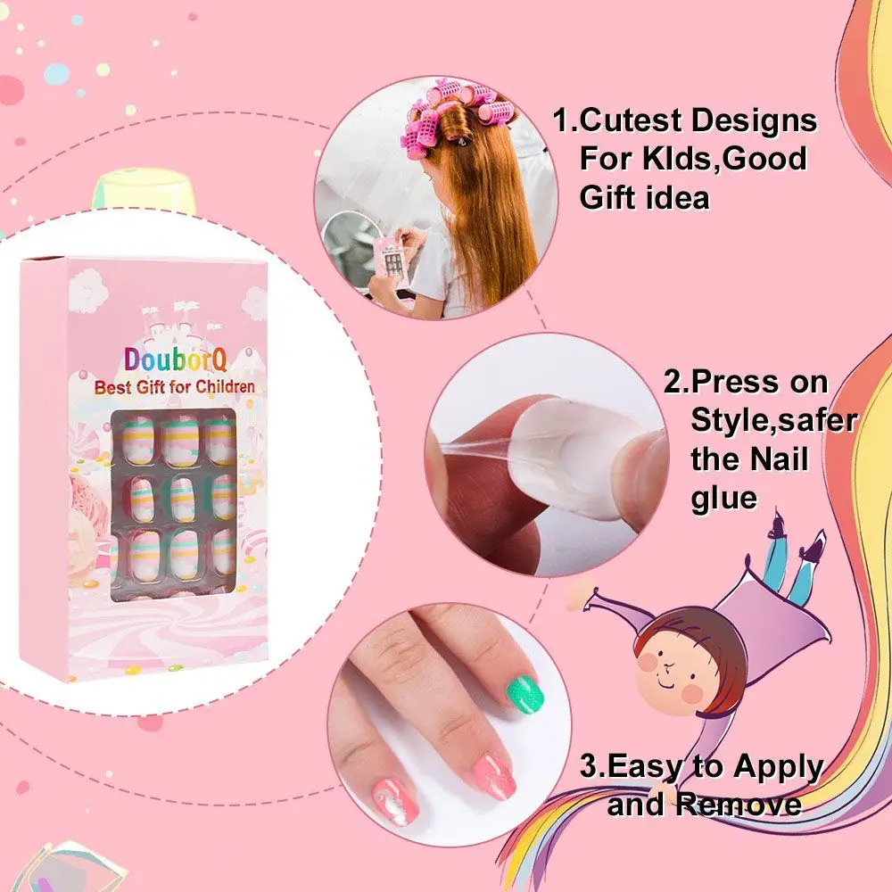 24Pcs/Set Cartoon Style Fashion Press On Finger Nails Decor Short Square Full Cover Nail Art Fake Nails False Nail Nail Tips