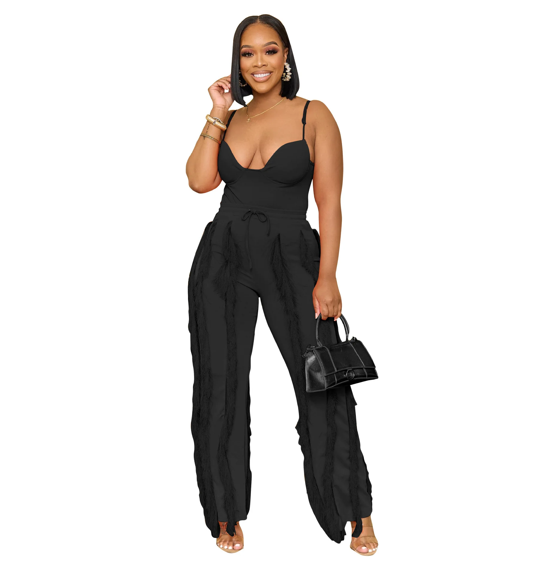 AL246 Women's Suit Fringed Lace Suspender Jumpsuit Two-piece Straight Pants Summer