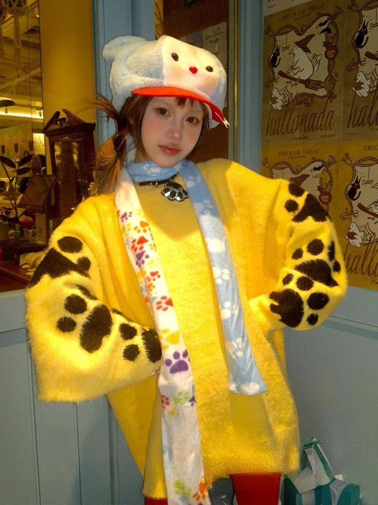 

Deeptown Vintage Harajuku Sweaters Women Japanese Style Kawaii Yellow Jumpers Preppy Style Cutecore Oversized Knitted Pullovers