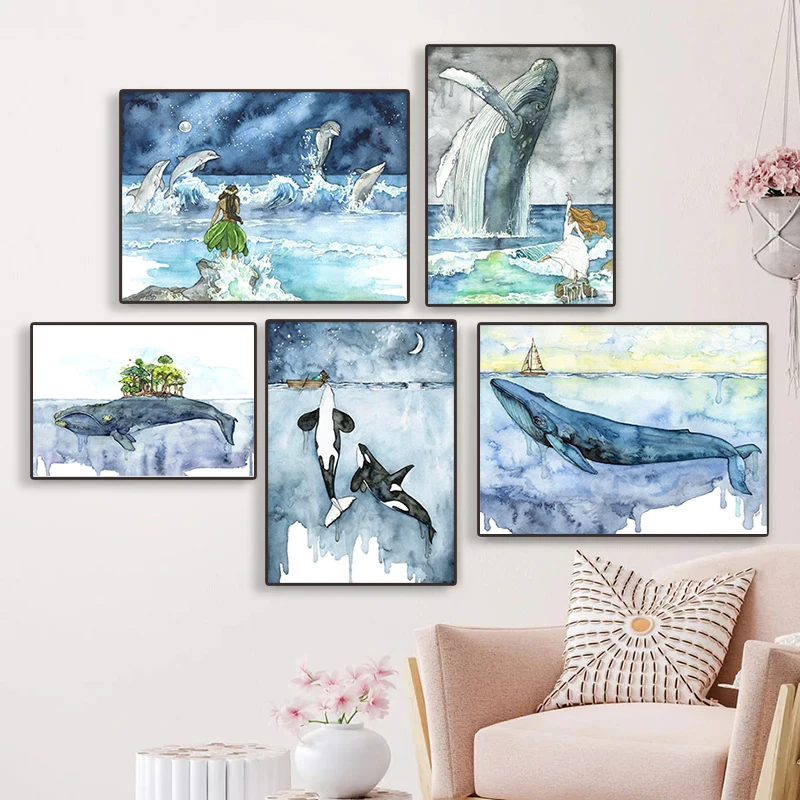 Watercolor Wind Ocean Art Painting Blue Crab Jellyfish Green Sea Killer Whale Canvas Painting Picture for Living Room Home Decor