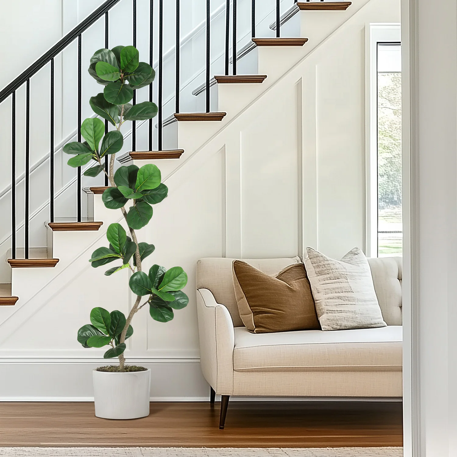Ficus lyrata artificiel réaliste - Grande plante artificielle d'intérieur/extérieur avec feuilles et pot réalistes pour la décoration de la maison et du bureau