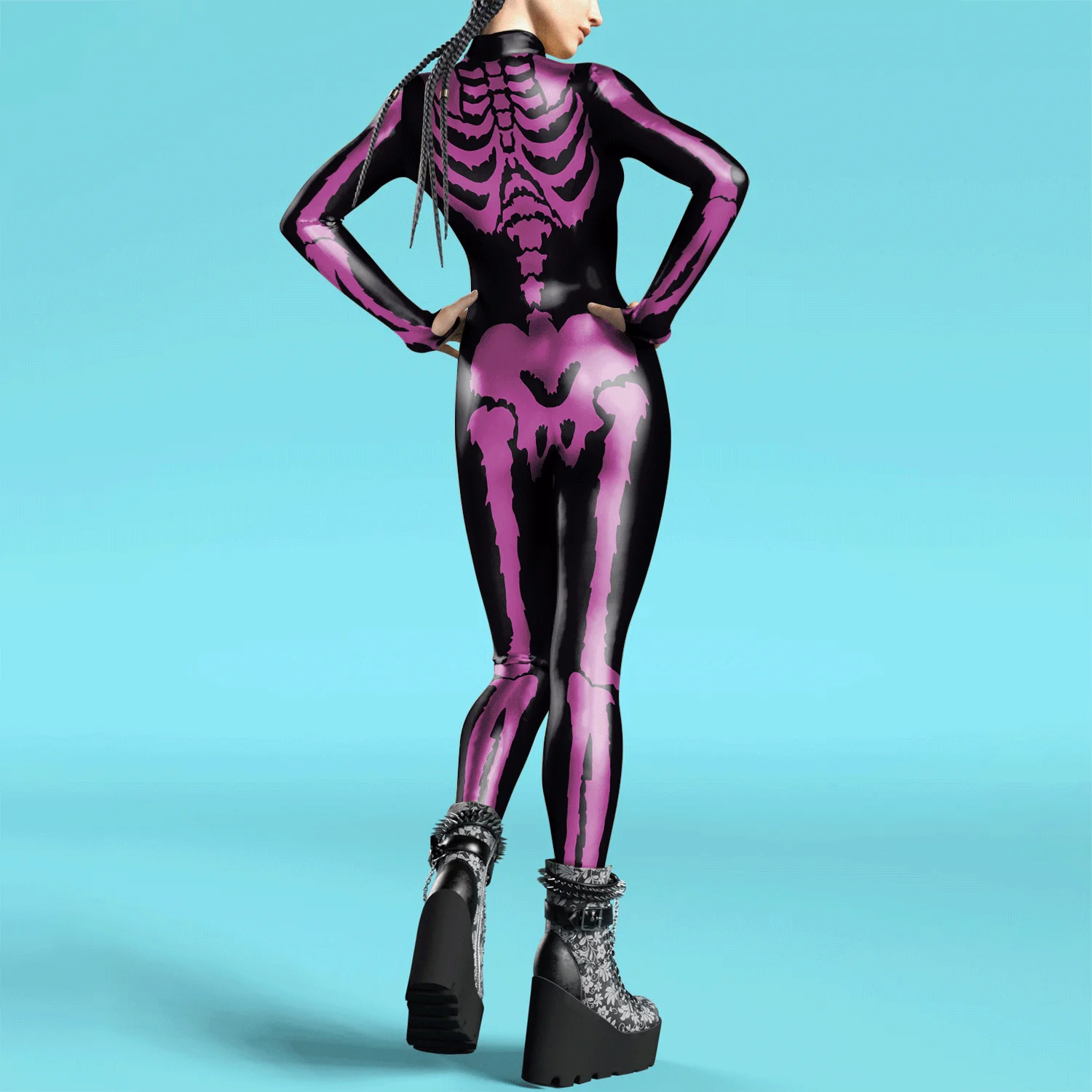 Mono con estampado 3D de esqueleto de Halloween para mujer, ropa para adultos, mono Zentai con cremallera, Mangas de pulgar, disfraz de Cosplay, traje de fiesta