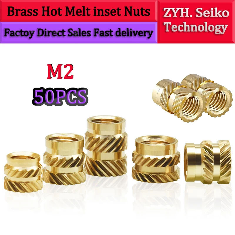 

Insert Nuts M2 50pcs Brass Hot Melt Heating Molding Copper Thread Inserts Nut SL-type Double Twill Knurled Injection Brass Nut