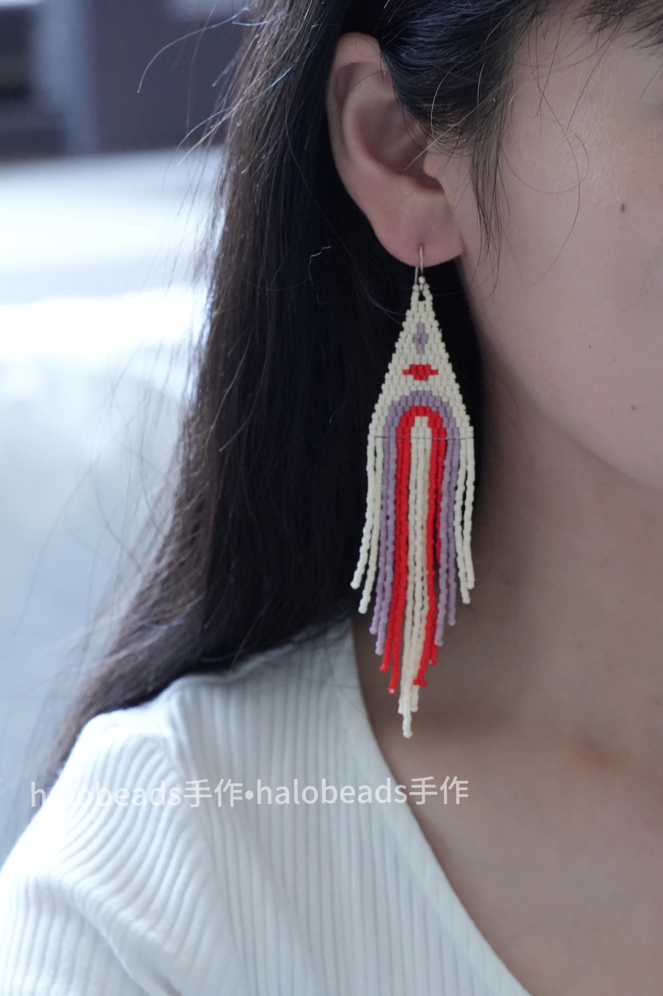 Women's Bohemia Tassel Beaded Earrings Trendy Hand-woven Alloy Geometry Rainbow Gradient Simple Rice Bead Jewelry