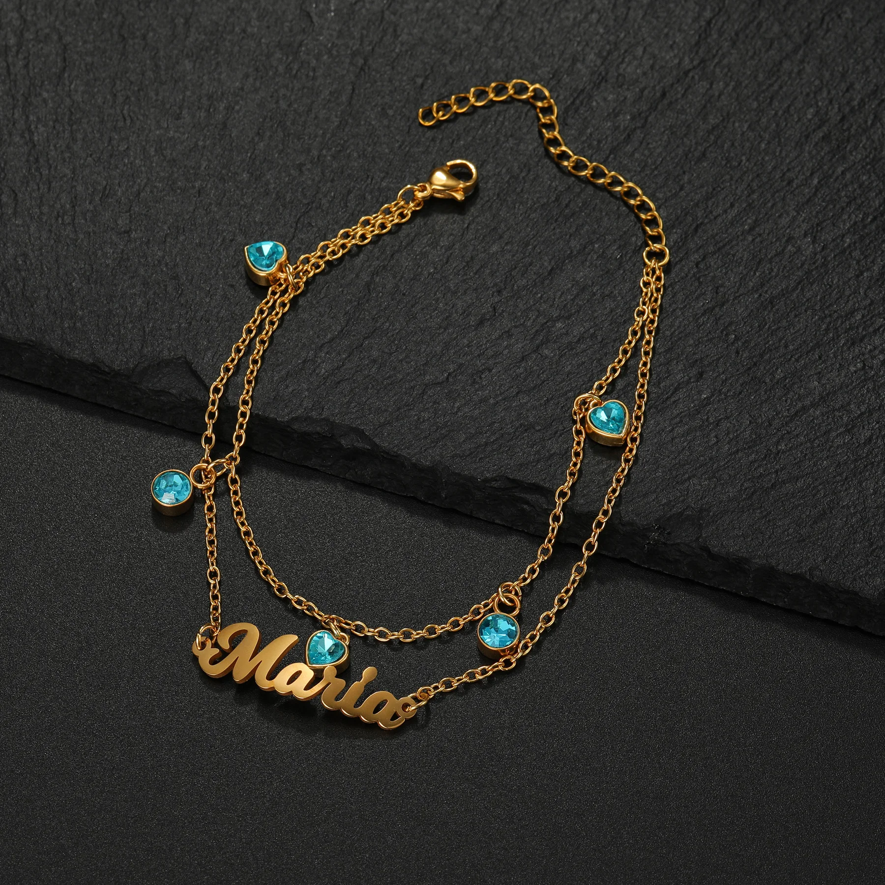 Custom Name Two Layers Zircon Stone Anklet Stainless Steel Personalized Name Foot Leg Anklet for Women Summer Beach Jewelry Gift