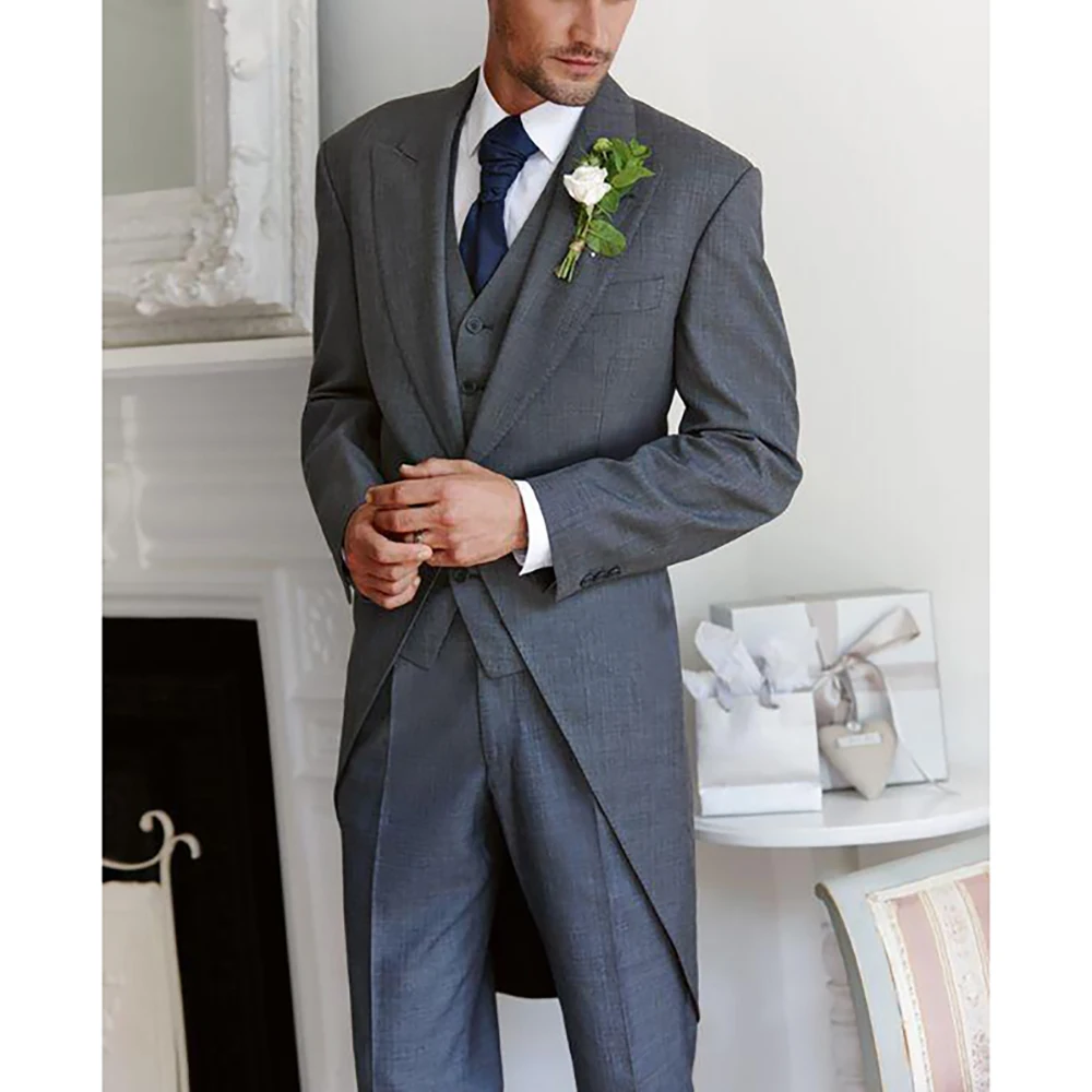 

Fashion Grey Slim Tuxedo Men Suit Peak Lapel 3 Pieces(Jacket+Pants+Vest) Male Formal Wedding Party Set